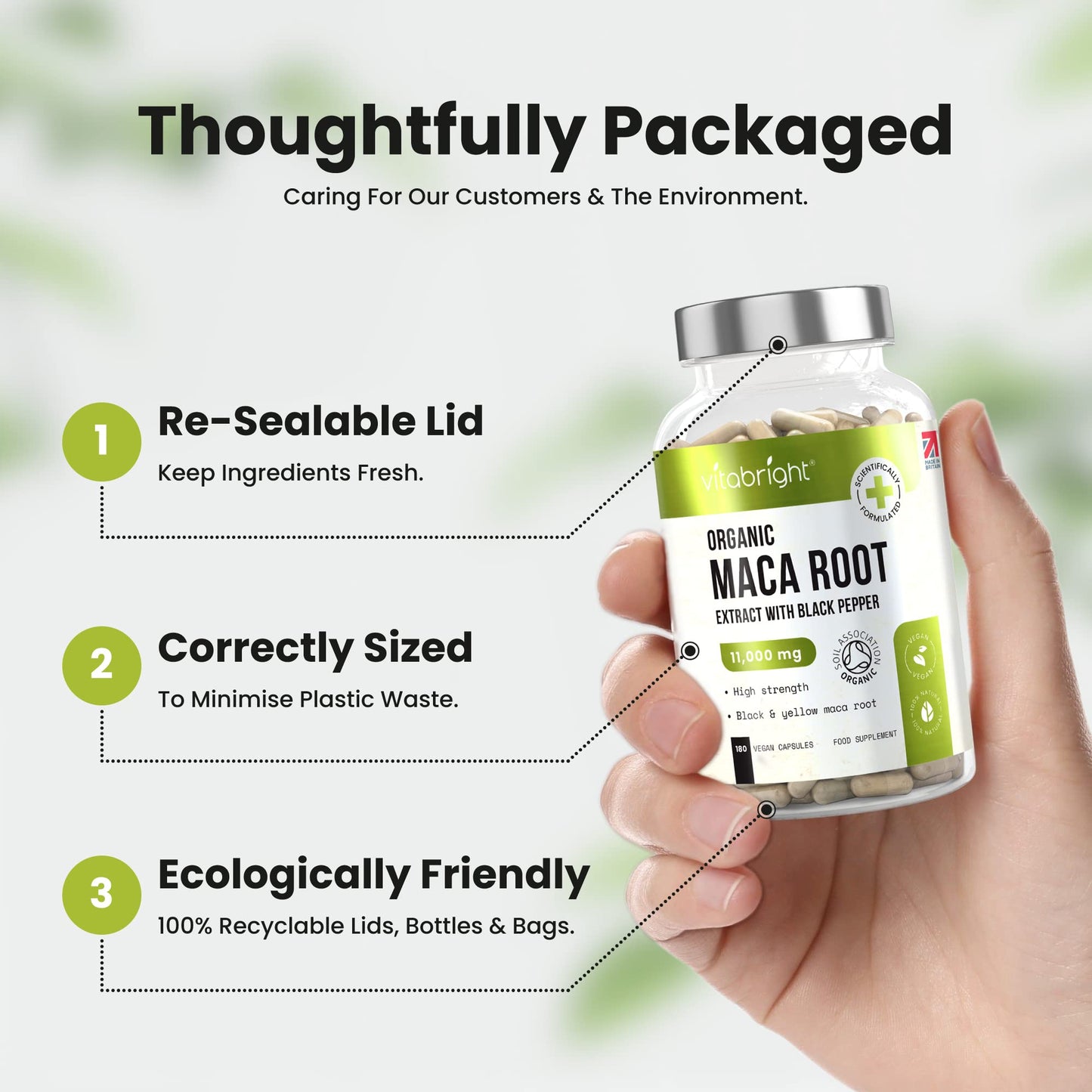 Organic Maca Root Capsules - 11000mg High Strength - 180 Capsules (3 Month Supply) - Premium Quality Black and Yellow Maca Extract - Black Pepper to Boost Absorption - Made in UK by VitaBright