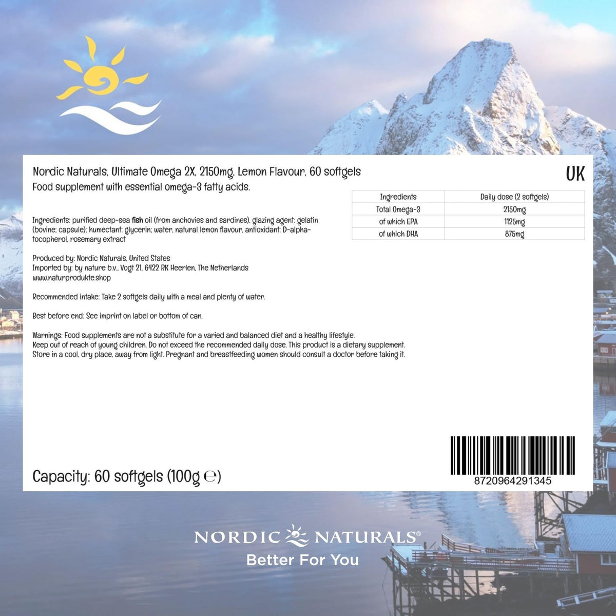 Nordic Naturals Ultimate Omega 3 2X, 2150mg Omega-3 Capsules High Strength Fish Oil Supplements with EPA and DHA, 60 Softgels, Lemon Flavour, Soy Free, Gluten Free