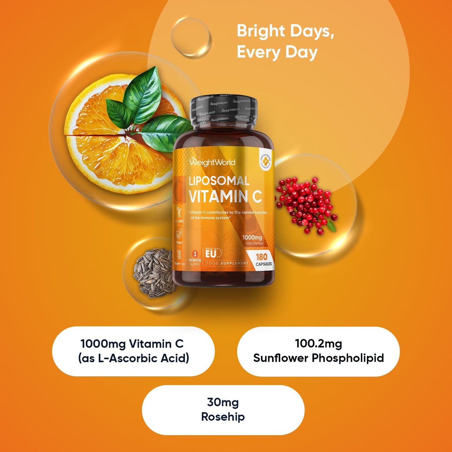 WeightWorld Liposomal Vitamin C Capsules 1000mg - 180 Vegan Capsules (3 Months Supply) - L-Ascorbic Acid with Rosehip & Sunflower Phospholipid - Non-GMO & Gluten-Free - Liposomal VIT C Supplement for Men & Women