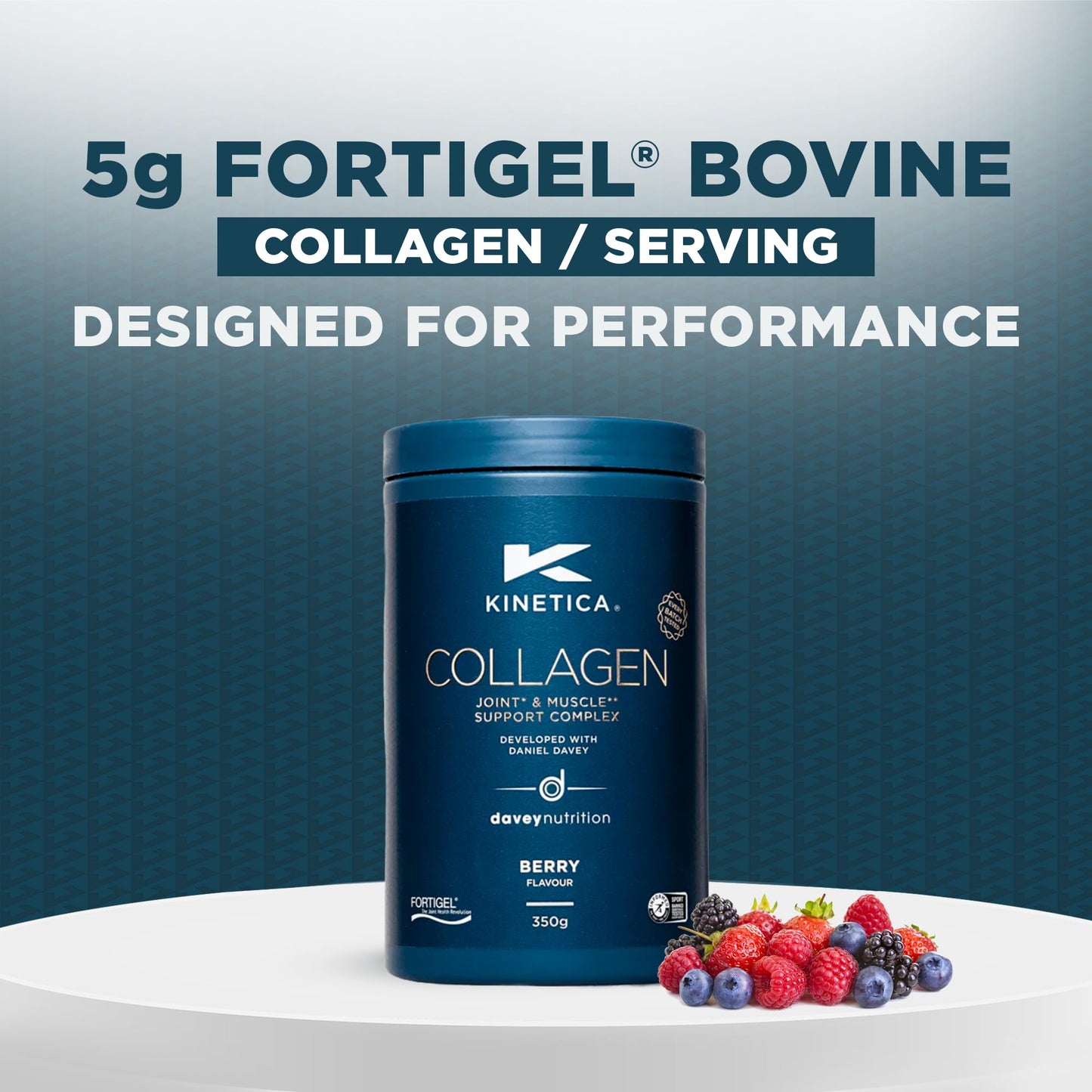 Kinetica Sports Collagen Powder - Berry Flavour | 350g | 5g FORTIGEL Bovine Collagen/Serve, 320mg Vitamin C, 5μg Vitamin D, 100mg Hyaluronic Acid & 500mg Glucosamine Sulphate | Joint & Muscle Support