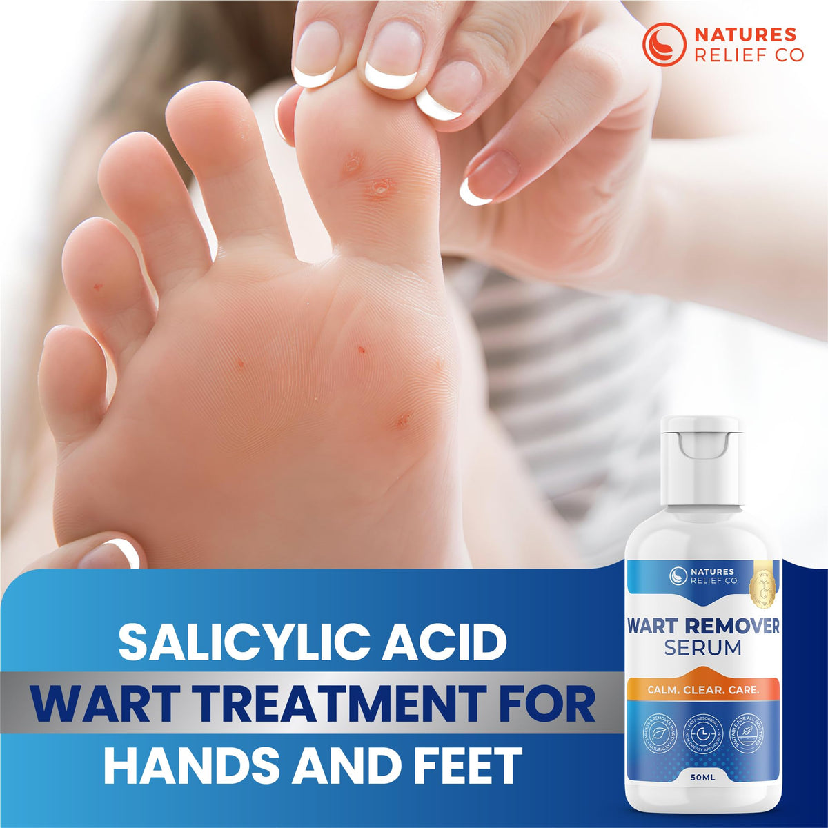 Natures Relief Co Wart Remover Treatment | Salicylic Acid Wart Treatment for Hands & Feet | Natural Wart Removal Serum with Tea Tree & Lemongrass Oil | Fast-Acting & Gentle Formula | 50ml | Travel Friendly