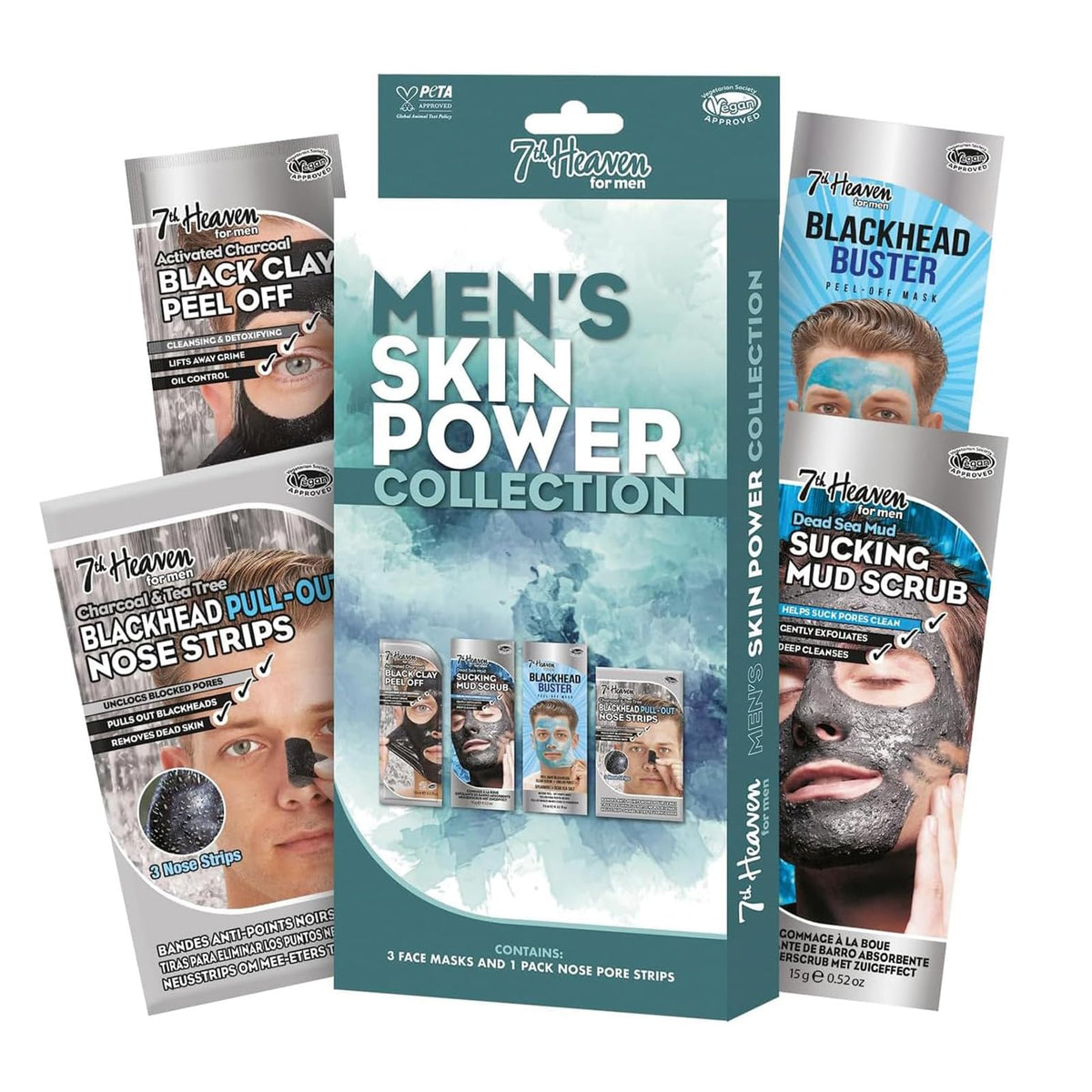 7th Heaven Men’s Skin Power Gift Set with 3 rejuvenating masks and nose pore strips. Deep-cleansing face skincare to help with blemishes and blackhead removal while energising and reviving skin.