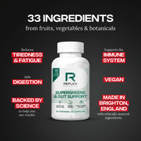 Reflex Nutrition Reflex Nutition Supergreens & Gut Support - 33 Active Ingredients - Prebiotics, Probiotics, Vitamins & Minerals - Immune Support, Reduce Fatigue & Bloating - Vegan Gut Health Supplement (90 Capsules)