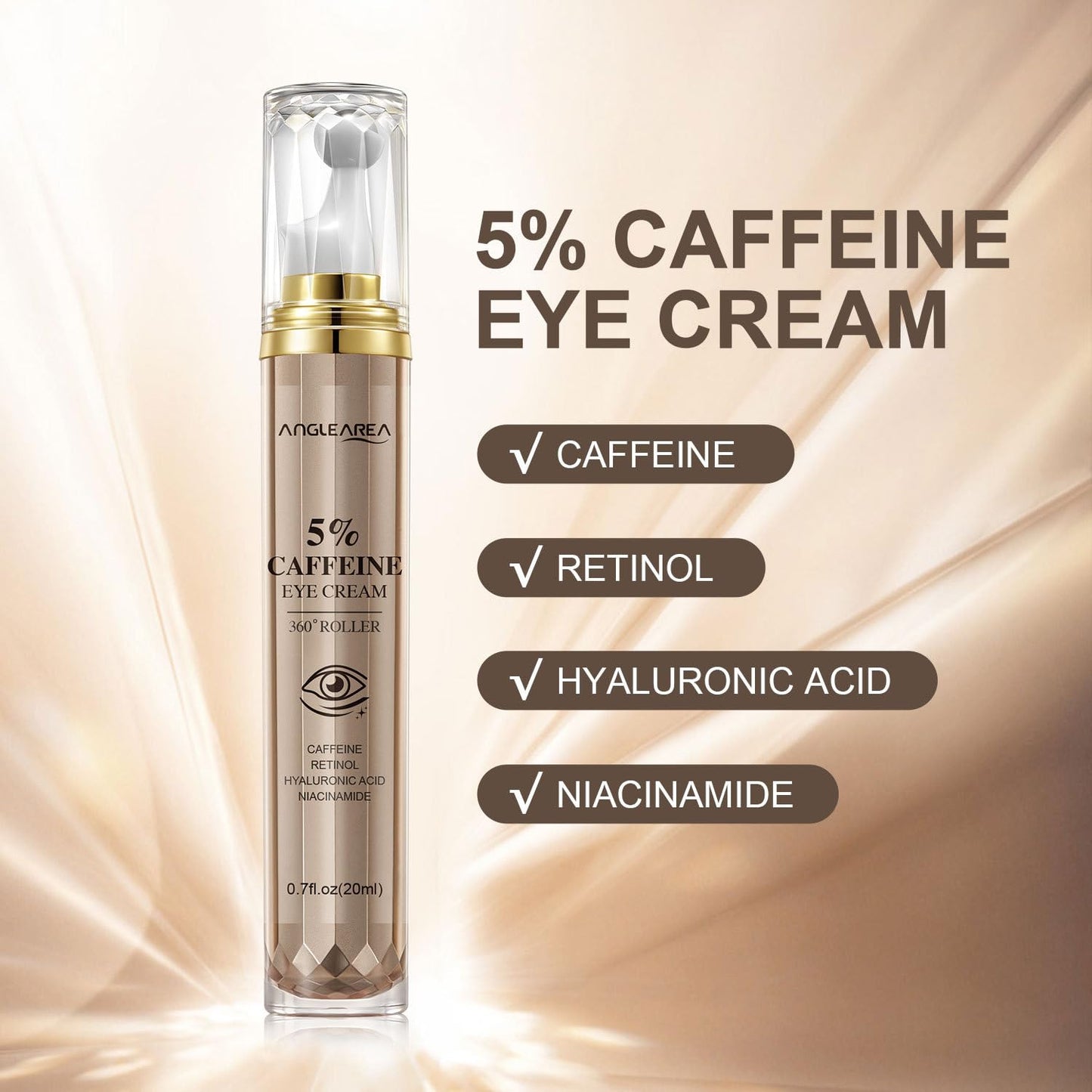 HOPHAT 5% Caffeine Eye Serum - Eye Cream with 360° Roller for Dark Circles and Puffiness, Reduce Eye Bags, Wrinkles and Fine Lines, Hydrate Eye Area 20ML