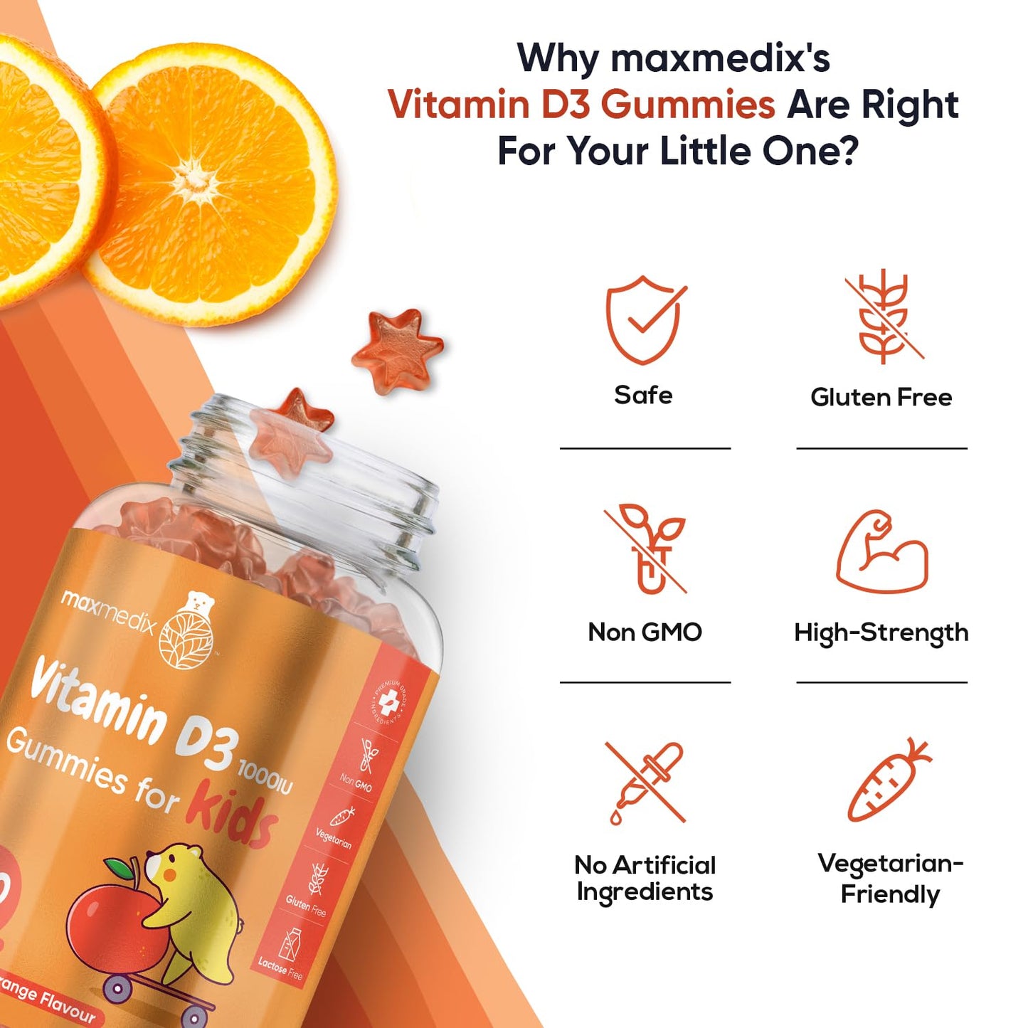 Vitamin D Gummies Kids 1000IU - Natural Orange Flavour Gummies - 4 Months Supply (120 Vitamin D3 Gummies) - One A Day - for Kids 3-12 Years - Vegetarian, Non-GMO & Gluten-Free Vitamin D for Kids