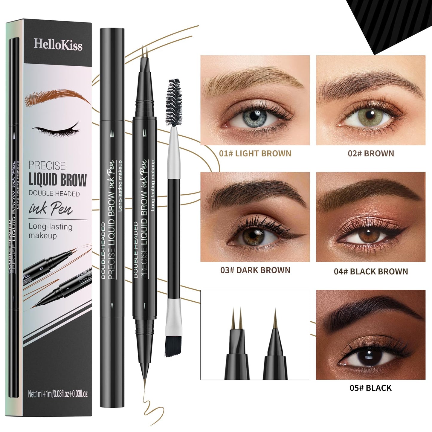 RZJZGZ Curved Eyebrow Pen, 3D Waterproof Eyebrow Pencil Contouring Pen, Brow Pencil 2-in-1 Dual-Ended with Micro-Fork-Tip and Precise Brush-Tip Create Natural Hair-Like Brows, Last All-Day, Dark Brown