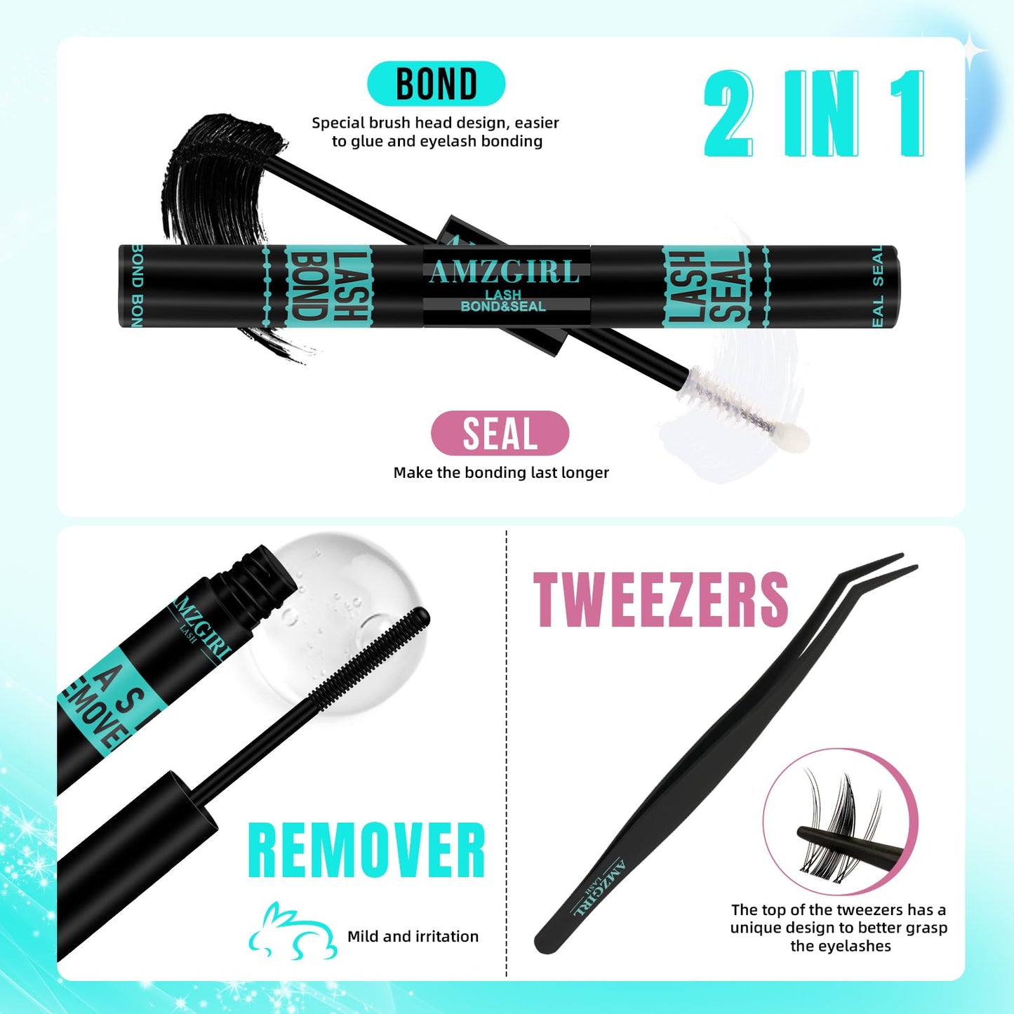 AMZGIRL LASH Manga Lash Clusters Kit 144PCS Fairy Eyelash Extension Kit with Bond and Seal, Invisible Lash,Glue Remover and Tweezer (8-16mm Kit)