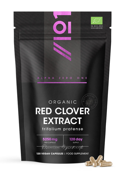 ALPHA01 Organic Red Clover Extract 5250mg - for Use During The Menopause - Potent 15:1 Pure Extract - Halal – 60 Vegan Capsules