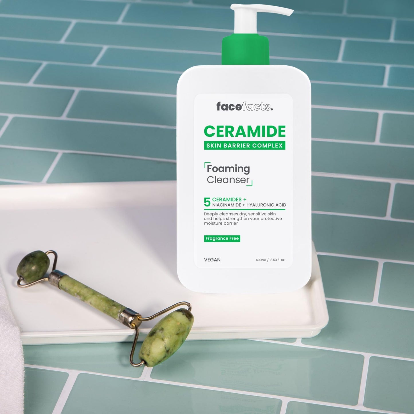 Face Facts Ceramide Foaming Cleanser; Deep cleanses, strengthens, 5 Ceramides plus Niacinamide, moisture locking Hyaluronic Acid; Helps strengthen protective skin barrier; Fragrance free; 400ml
