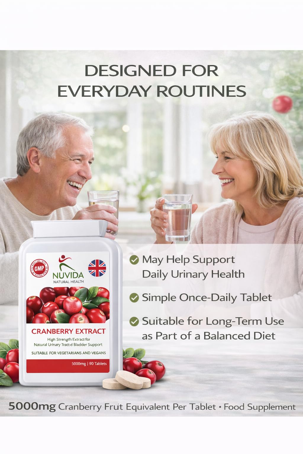NUVIDA NATURAL HEALTH Nuvida High Strength Cranberry Tablets for Urinary infections, Cystitis and UTI Support - 90 Vegan Cranberry Extract Tablets - Cranberry Tablets for Women and Men