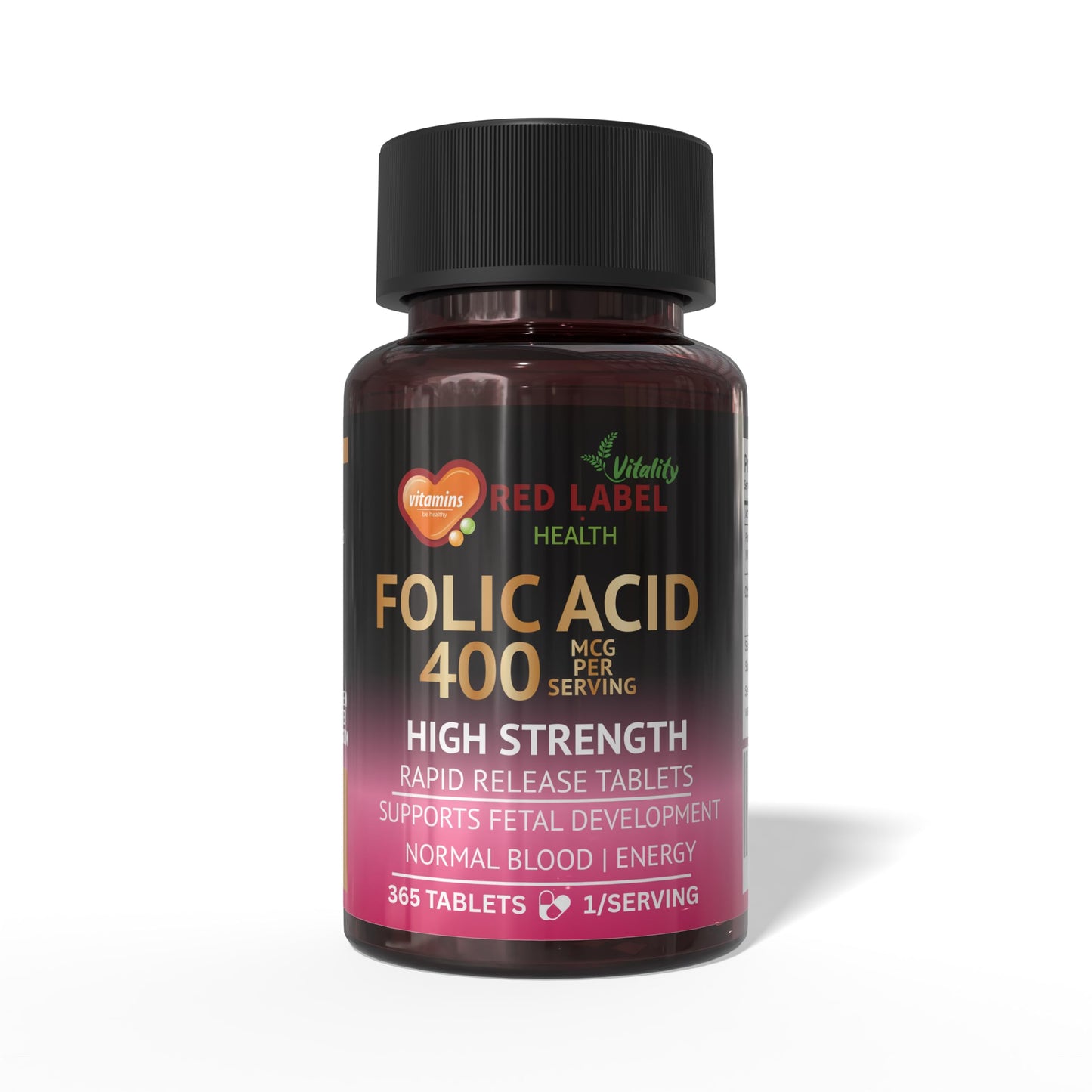 Red Label Health Folic Acid Tablets 400 mcg - 365 Vegan Vitamin B9 Tablets - 1 Year Supply - Pregnancy Care - Normal Function of Immune System & Maternal Tissue Growth During Pregnancy