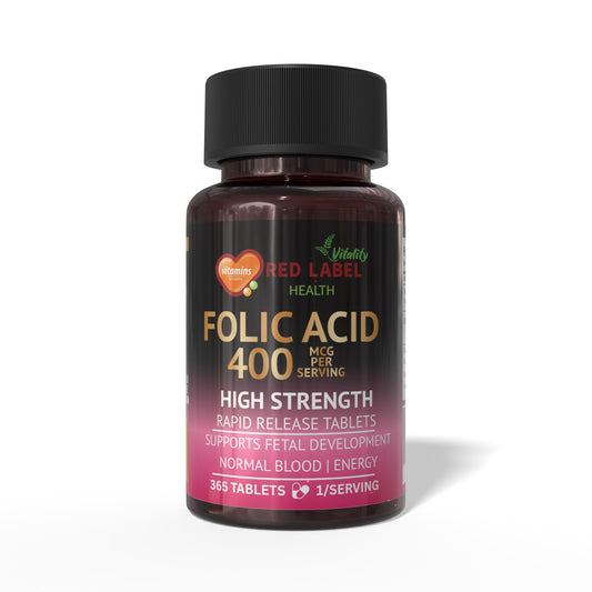 Red Label Health Folic Acid Tablets 400 mcg - 365 Vegan Vitamin B9 Tablets - 1 Year Supply - Pregnancy Care - Normal Function of Immune System & Maternal Tissue Growth During Pregnancy