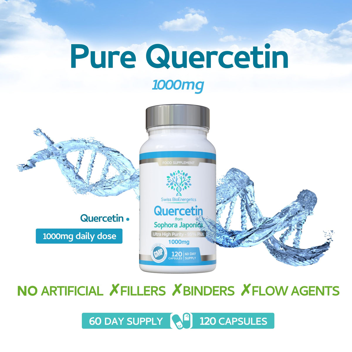 swiss bioenergetics Quercetin 1000mg 60-day supply - No Artificial fillers, binders or flow agents - High Strength Pure Quercetin capsules from Sophora Japonica - Suitable for Vegetarians and Vegans – Exclusively UK Made