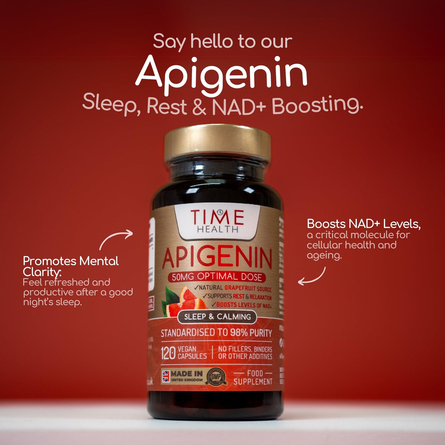 Time Health Apigenin - 50mg x 120 Capsules - 98%+ Purity - Optimal Dose for Sleep & Relaxation Support - NAD+ Booster - Grapefruit Source - UK Made - GMP Standards - Zero Additives (120 Count (Pack of 1))