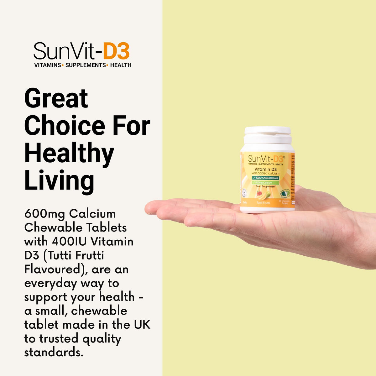 SunVit-D3 Vitamin D3 400IU with Added 600mg Calcium Tutti Frutti Tablets -Supports The Maintenance of Bone, Teeth, Muscle & Immune System - 56 Chewable Tablets