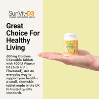 SunVit-D3 Vitamin D3 400IU with Added 600mg Calcium Tutti Frutti Tablets -Supports The Maintenance of Bone, Teeth, Muscle & Immune System - 56 Chewable Tablets