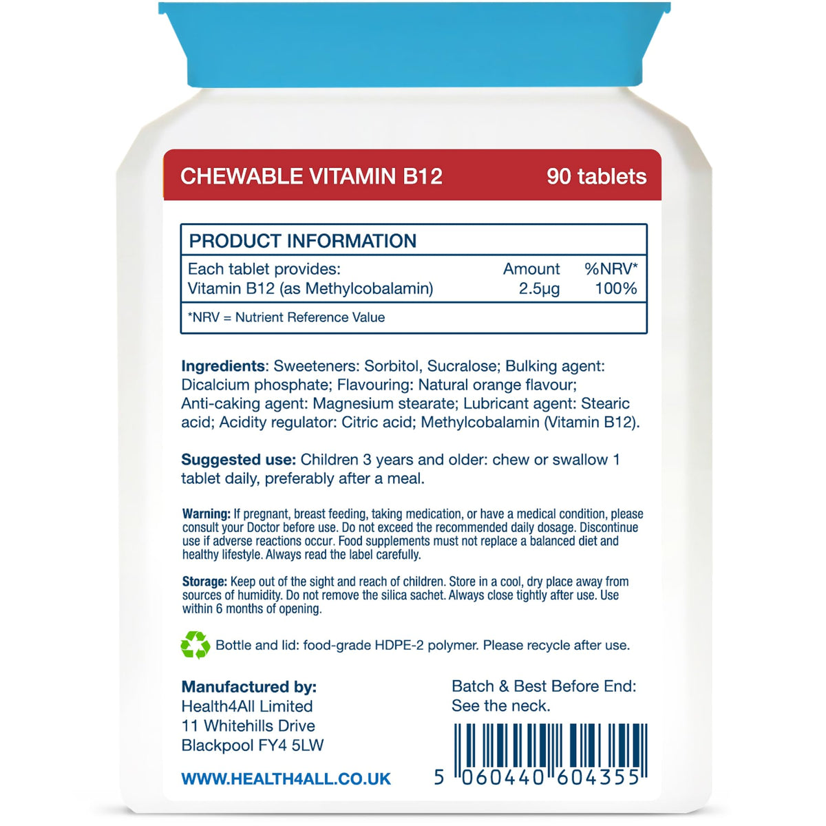 Health4All Kids Vitamin B12 2.5mcg 90 Chewable Tablets 3 Months Supply, Vegan VitB12 Methylcobalamin Supplement for Children 3+, Sugar-Free, Natural Orange Flavour | Made in UK (not Gummies)