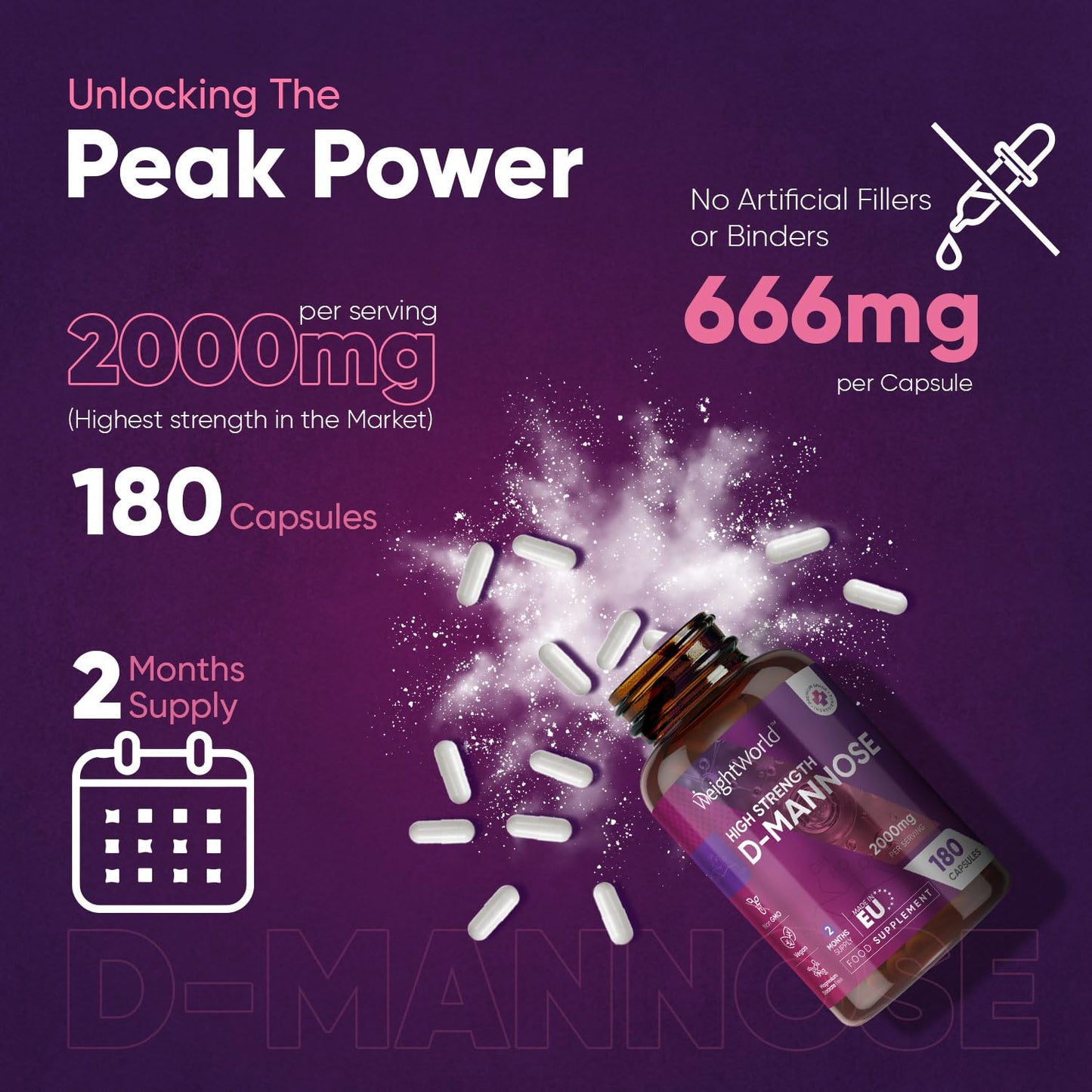 WeightWorld High Strength Pure D Mannose Capsules 2000mg - 180 Naturally Sourced D Mannose Capsules (Not D Mannose Tablets or D Mannose Powder) - Additives-Free & Vegan - 2 Months Supply - 666mg per Capsule