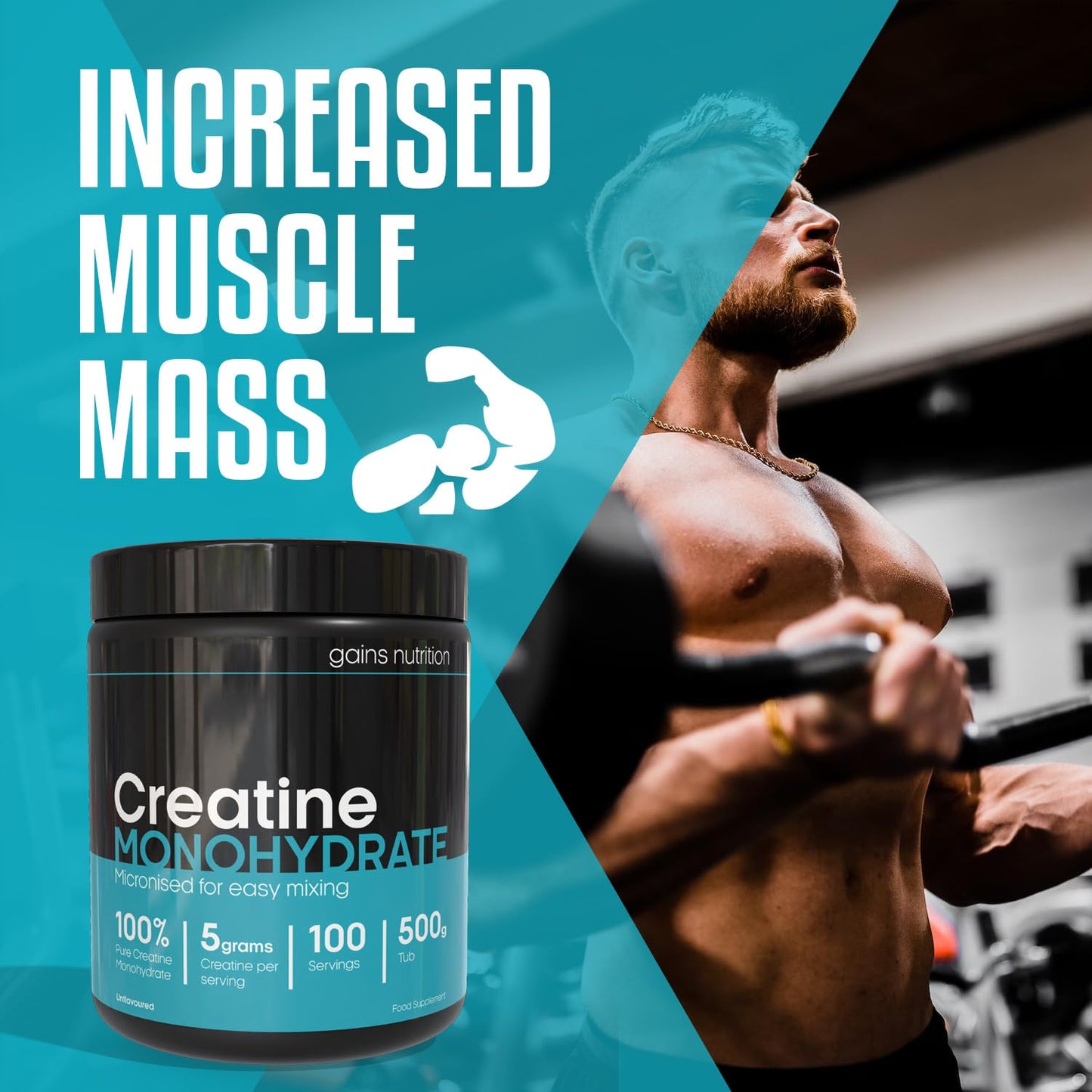 Gains Nutrition GN Creatine Powder | 500g Creatine Monohydrate Powder - 5g High Strength Creatine per Serving | Unflavoured Filler Free Creatine Monohydrate | Non-GMO & Gluten Free