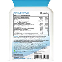 Methyl B Complex 60 Capsules (V) (not Tablets) with Methylcobalamin, Methyl Folate, P5P, Choline, Myo-Inositol, DMG and PABA for Stress Support, Energy and methylation. Made in UK by Health4All