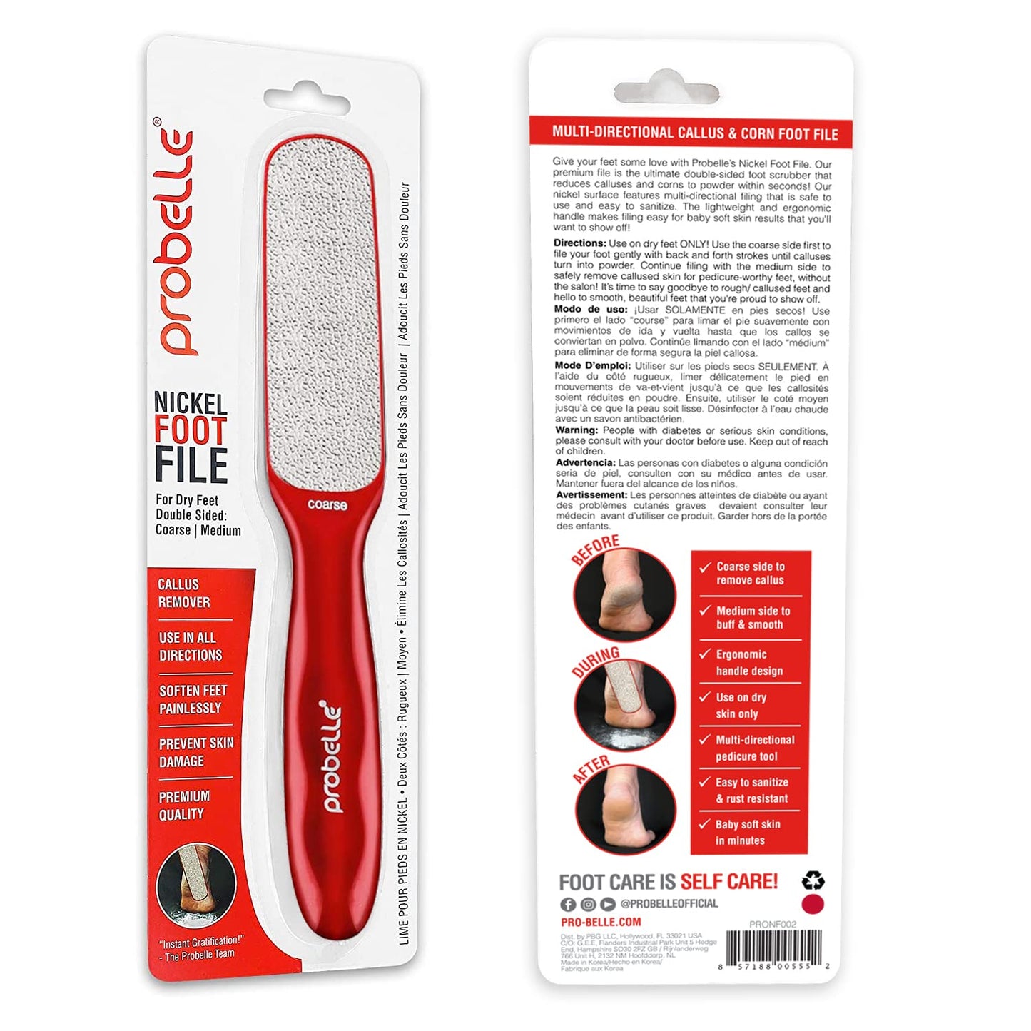 Probelle Double Sided Multidirectional Nickel Foot File Callus Remover - Immediately Reduces calluses and Corns to Powder for Instant Results, Safe Tool (Red)
