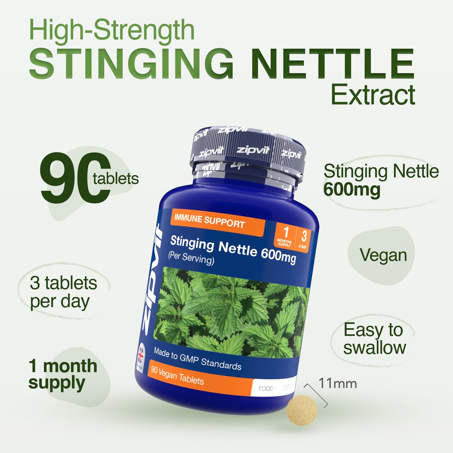 Zipvit Stinging Nettle 600mg, 200mg Per Tablet, 90 High Strength Vegan Tablets, Potent Antioxidant