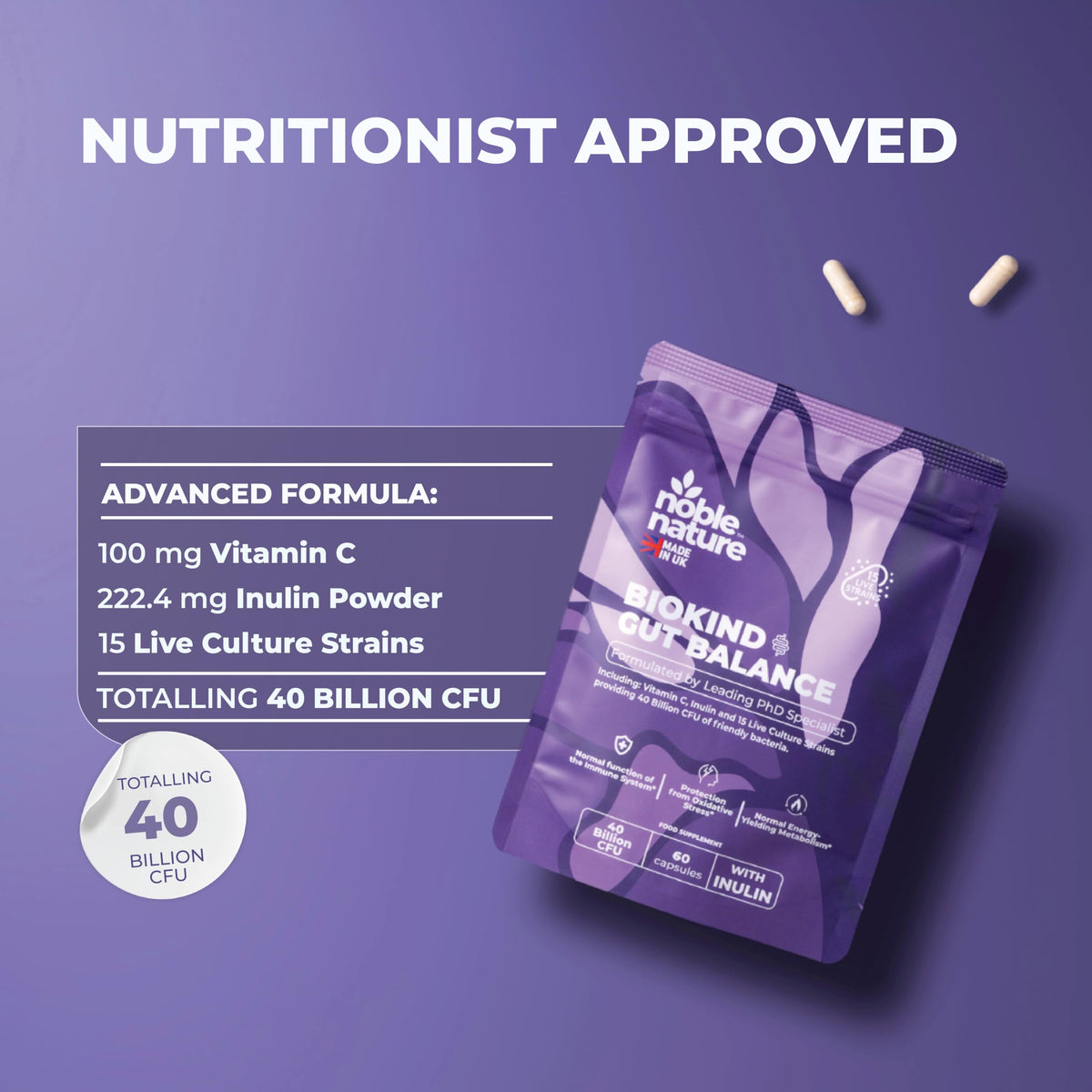 NobleNature Noble Nature Biokind Gut Balance – 40 Billion CFU Friendly Bacteria - Bio Cultures Complex - 15 Strains - Lactobacillus & Bifidobacterium for Gut, Immune & Digestive Health with Inulin & Vitamin C