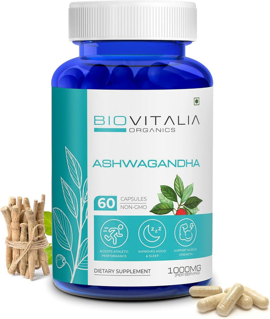 Biovitalia Organics Biovitalia Ashwagandha 1000mg Capsule | Dietary Supplement for Men & Women | Promotes Supports Muscle Health| Support Daily Active Life- 60 Vegan Capsules