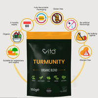 Vita Nutrients Turmunity Superfood Powder Blend 150g - Premium Organic Food - Vegan & Gluten Free - Rich Ayurveda, Turmeric, Black Pepper and More Formula - Ideal Latte Mix - Made in The UK