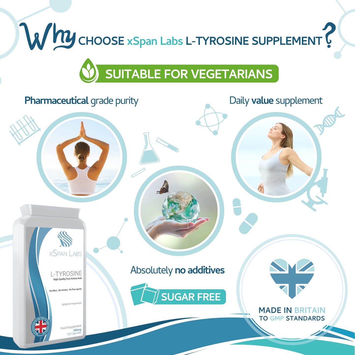 Xspan Labs L-Tyrosine 500mg 120 Capsules - Pure Amino Acid with No Fillers, No Binders or Flow Agents – Nutritional Supplement Suitable for Vegetarians - Made in The UK