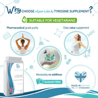 Xspan Labs L-Tyrosine 500mg 120 Capsules - Pure Amino Acid with No Fillers, No Binders or Flow Agents – Nutritional Supplement Suitable for Vegetarians - Made in The UK