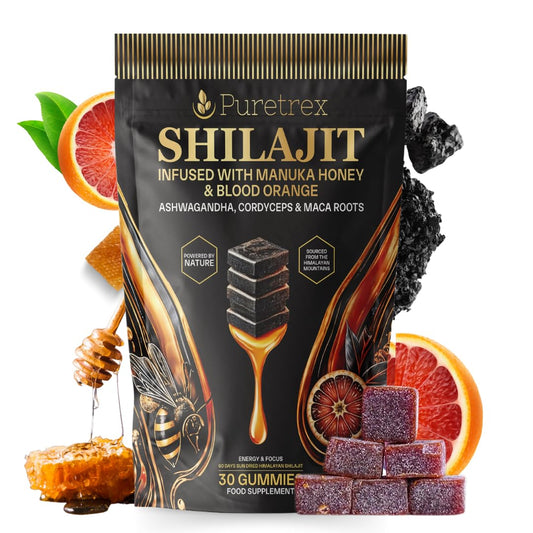PURETREX Shilajit Gummies with Manuka Honey & Blood Orange – Energy, Focus, and Vitality Support with Ashwagandha, Cordyceps, & Maca Root – 30 Gummies