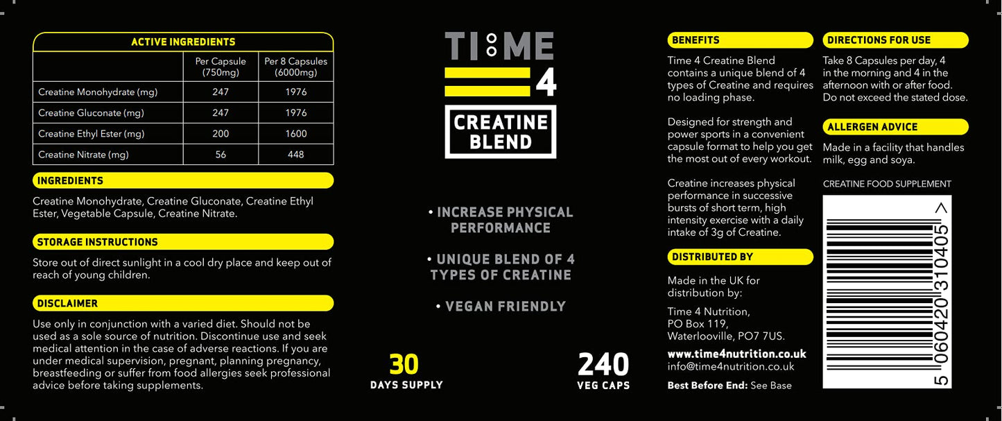 Time 4 Nutrition Time 4 Creatine Blend - 240 Creatine Capsules Not Creatine Tablets, 30 Day Supply, Unique Blend of 4 Types of Creatine, 6000mg Per Daily Serving Improve Muscle Strength Vegan Friendly & Gluten Free