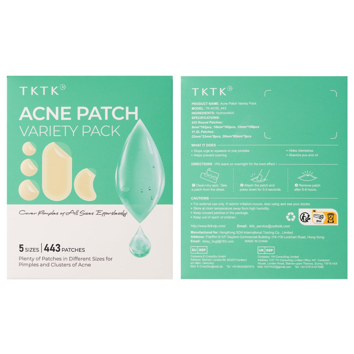 TKTK 443 Count Pimple Patches for Face, Hydrocolloid Spot Stickers, 5 Sizes