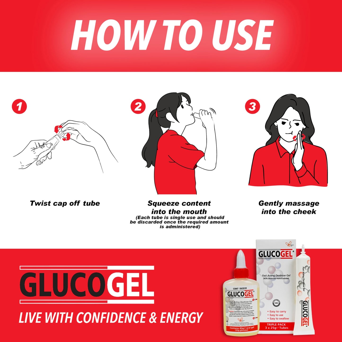 Glucogel GlucoGel Fast Acting Glucose Energy Gel, Rapid Support for On-the-Go, Original Unflavoured, 10g of Glucose per Tube, 3 Count (Pack of 1)
