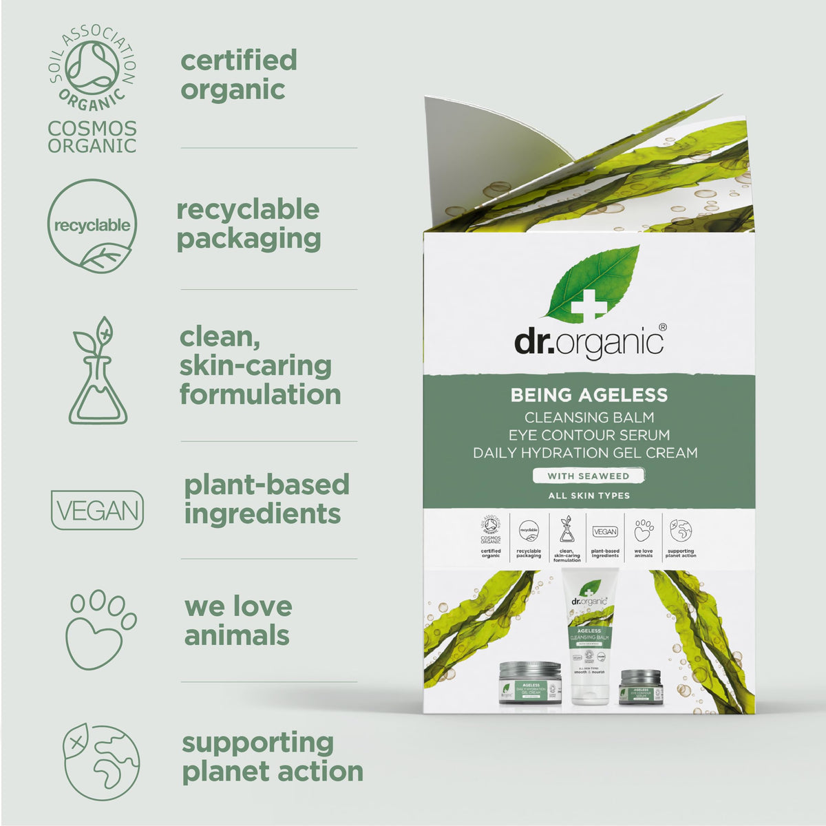 DR ORGANIC Dr Organic Ageless Skincare Set with Organic Seaweed Cleansing Balm, Face Cream & Eye Serum, Moisturising, Fine Lines, Wrinkles, Gift Set, Vegan, Cruelty-Free, Paraben & SLS-Free, Certified Organic