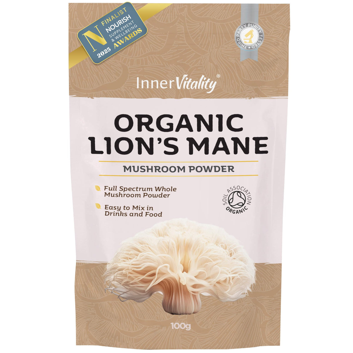 Organic Lions Mane Mushroom Powder, Brain Support & Focus High Strength Full-Spectrum Supplement for Mental Performance - 100g by Inner Vitality
