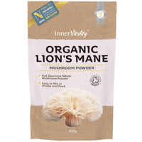 Organic Lions Mane Mushroom Powder, Brain Support & Focus High Strength Full-Spectrum Supplement for Mental Performance - 100g by Inner Vitality