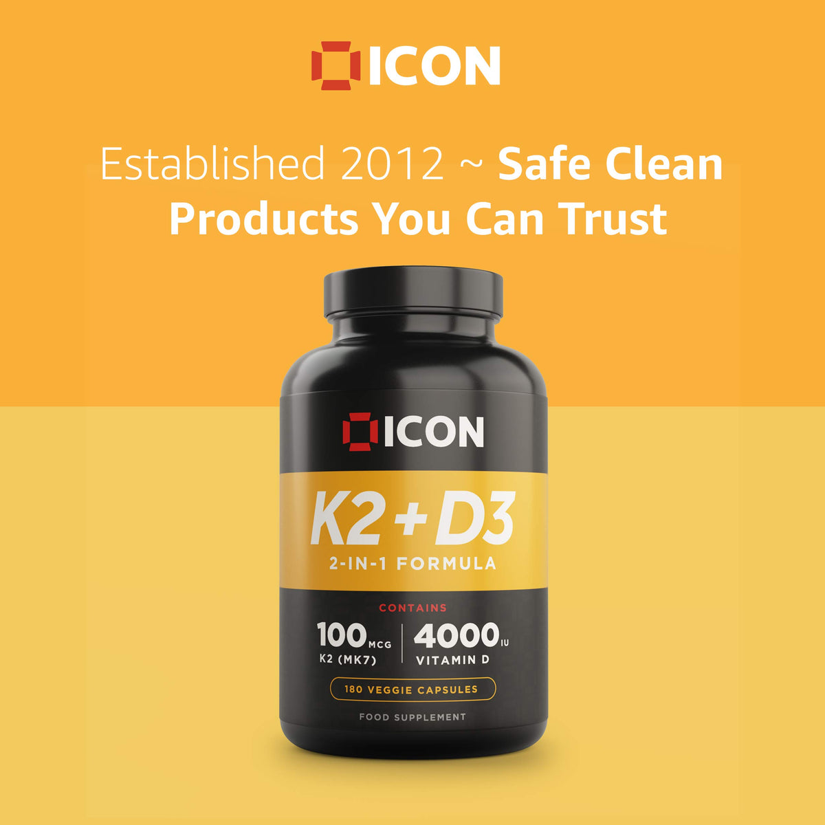 ICON Nutrition Vitamin K2 D3 Supplement, Vitamin D3 4000 IU and K2 Vitamin 100μg MK7 Capsules, Vegetarian Supplement, High Strength, Bone & Immune Health - 180 Count (6 Month Supply)