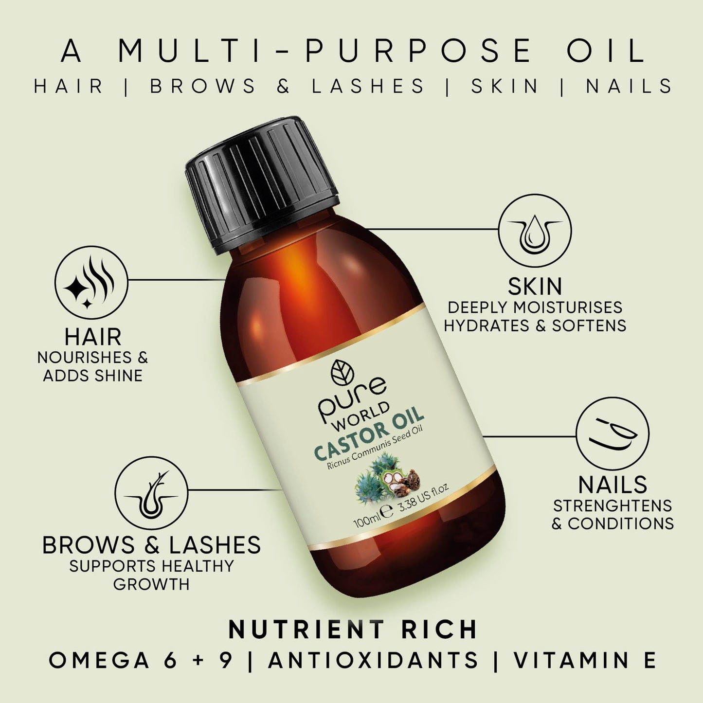 Pure World Natural Castor Oil 100ml. Cold & Freshly Pressed 100% Pure and Undiluted Hexane Free for Eyebrows, Nails, Beard, Hair, Eyelash Growth Cruelty Free Food Grade