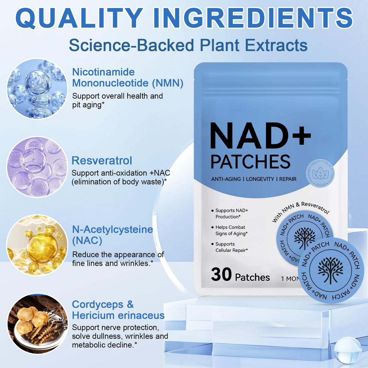 APCKFLEE NAD+ Patches for Women, NAD+ Patch for Anti-Aging and Wellness Support, Nicotinamide, Vitamin C, Premium 8-Hour Time-Release Formula, Vegan, 30 Count