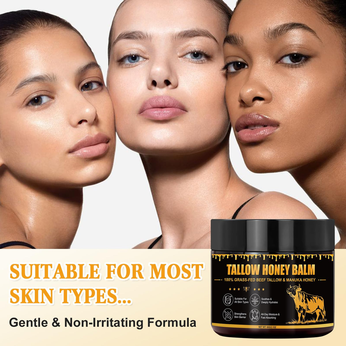 Muiefe Whipped Beef Tallow Skin Care 60g, Natural Tallow and Honey Balm, 100% Organic Grass-Fed Beef Tallow Face Cream & Moisturizer, Deeply Moisturizing Nourishing for Face Body Dry Skin, Fast Absorbing