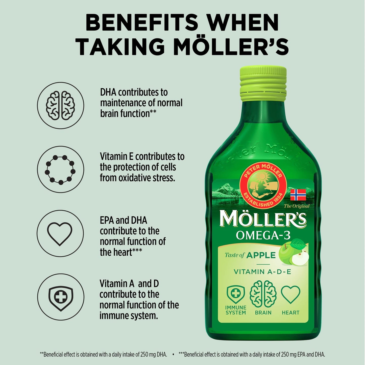 MÖLLER'S Moller’s ® | Omega 3 Cod Liver Oil | Omega-3 Dietary Supplements with EPA, DHA, Vitamin A, D and E | Superior Taste Award | Pure & Natural cod Liver Oil | 166 Year Old Brand | Apple | 250 ml