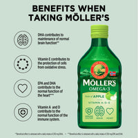 MÖLLER'S Moller’s ® | Omega 3 Cod Liver Oil | Omega-3 Dietary Supplements with EPA, DHA, Vitamin A, D and E | Superior Taste Award | Pure & Natural cod Liver Oil | 166 Year Old Brand | Apple | 250 ml