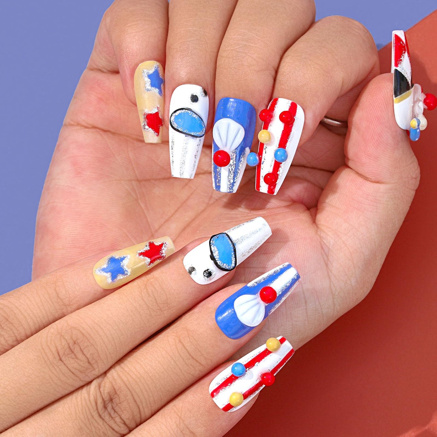Sethexy Halloween Hand-painted Long Coffin Fake Nail 3D Clown Handmade False Nails Glossy Acrylic Press on Nails Salon Durable Quality Nails for Women and Girls(I)