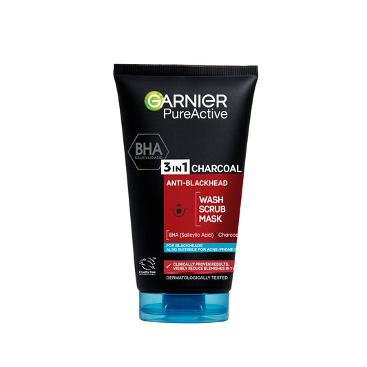 Garnier Pure Active 3 In 1 Charcoal Blackhead Mask Wash Scrub, Aloe Vera, 150 Ml, Pack Of 1