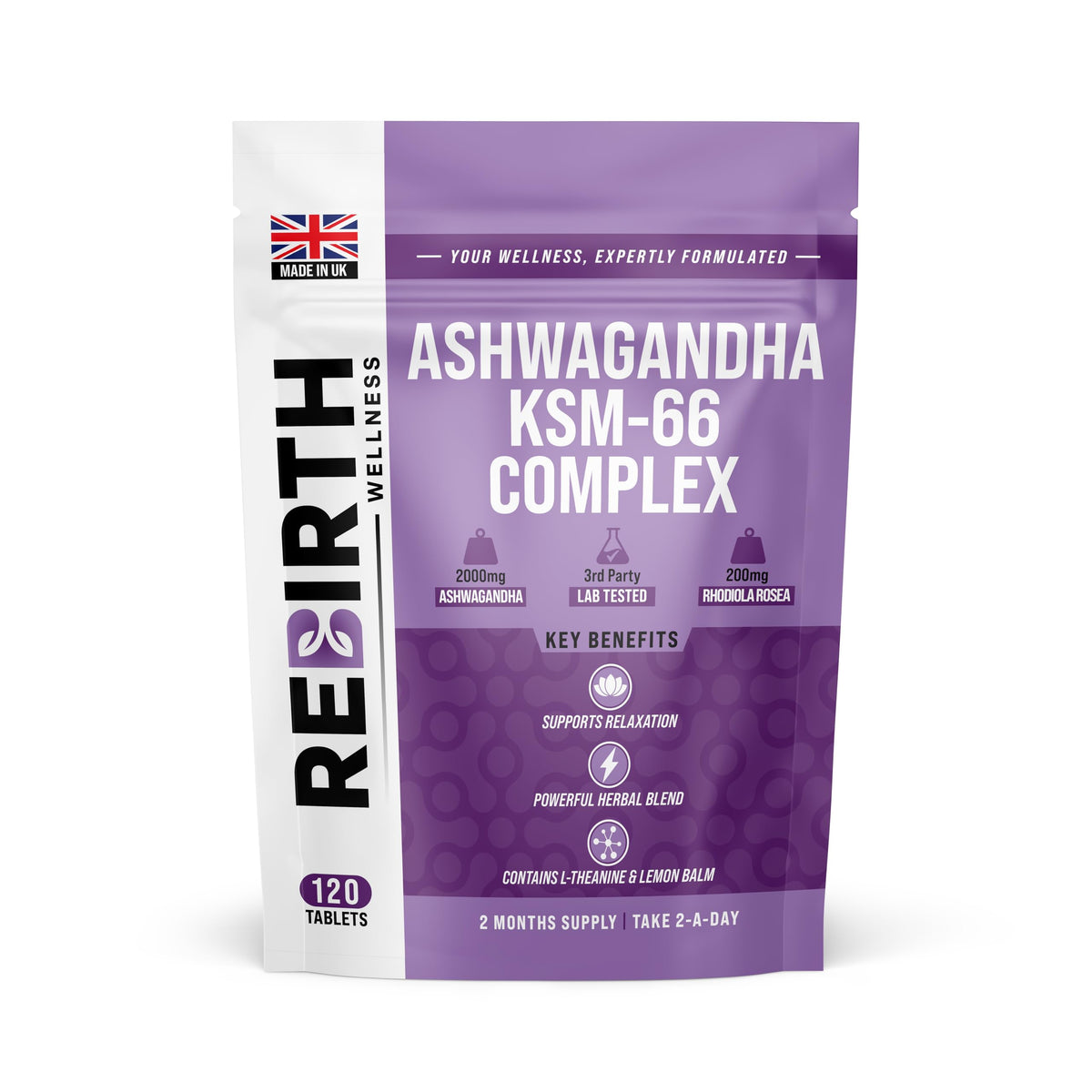 REBIRTH WELLNESS BE YOURSELF | ONLY BETTER Cortisol Support Supplement with Ashwagandha KSM 66, Rhodiola, L-Theanine & Lemon Balm – Natural Adaptogen for Balance, Focus & Weight Goals – 120 Tablets - UK Made