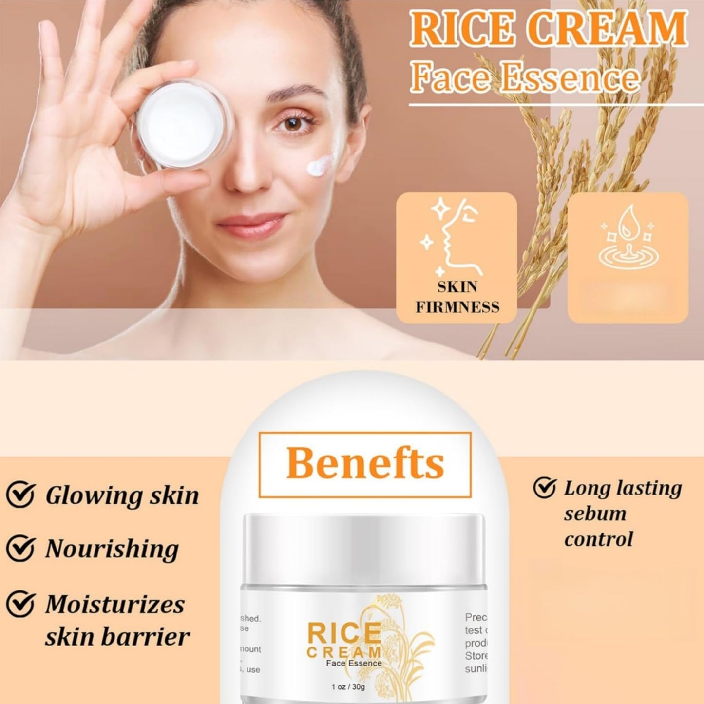 Rice Cream For Face,Korean Face Cream With Rice Extract,Korean Skincare Moisturiser With Niacinamide,Improves Moisture Skin Barrier,Soothing To Even Out Skin Tone,High Firming & Deep Nourishing,30g
