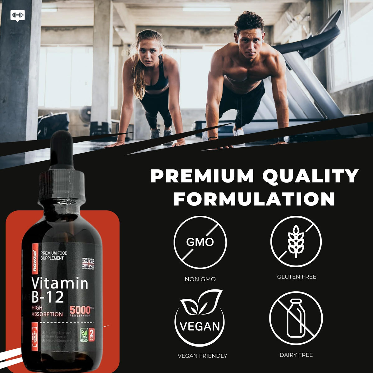Flowzuk Vitamin B12 Liquid Drops 5000mcg – High Strength Methylcobalamin – Fast Absorbing Vegan B12 Supplement – 60ml Dropper Bottle – Gluten Free, Energy & Wellness Support
