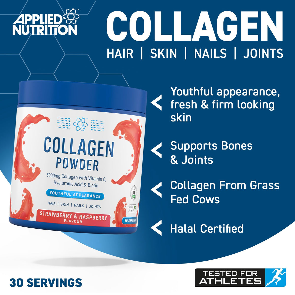 Applied Nutrition Collagen Powder - Hydrolysed Bovine Collagen Protein, Halal, Healthy Skin, Hair, Nails (Unflavoured) (150g - 30 Servings)